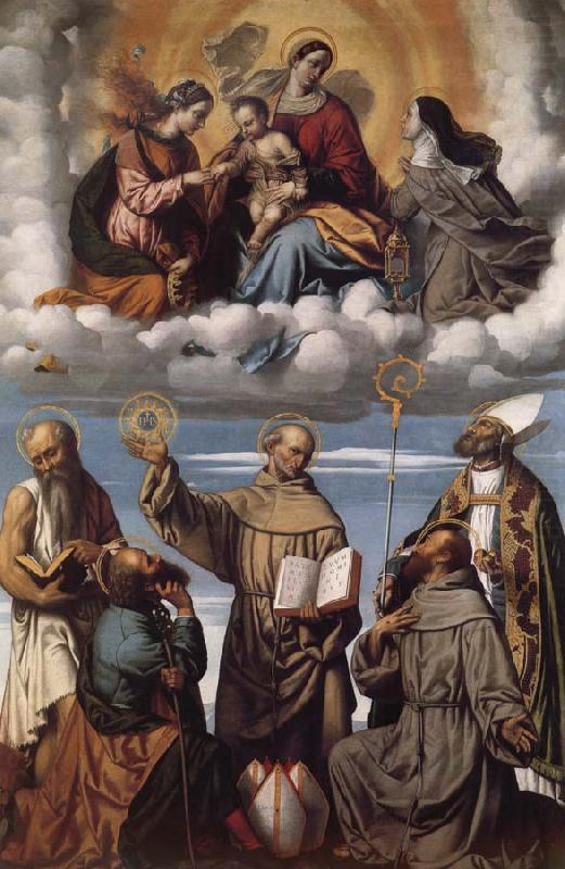 MORETTO da Brescia Saint Bernardino with Saints Jerome,Joseph,Francis and Nicholas of Bari,Virgin and Child in Glory with Saints Catherine of Alexandria and Clare china oil painting image